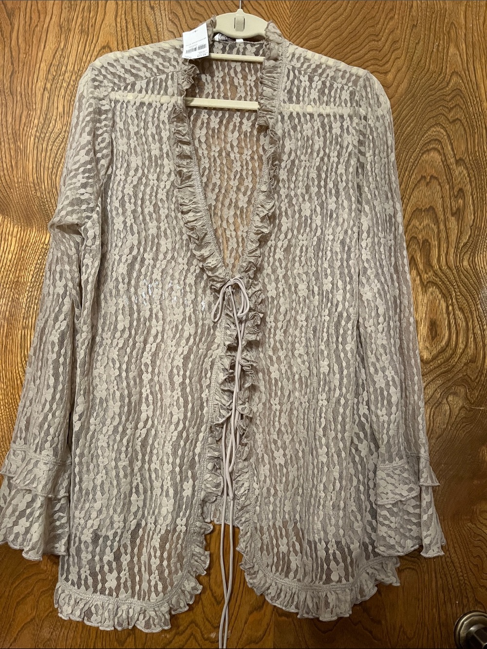 Cato Sheer Ruffled Tie-Front Blouse in Taupe